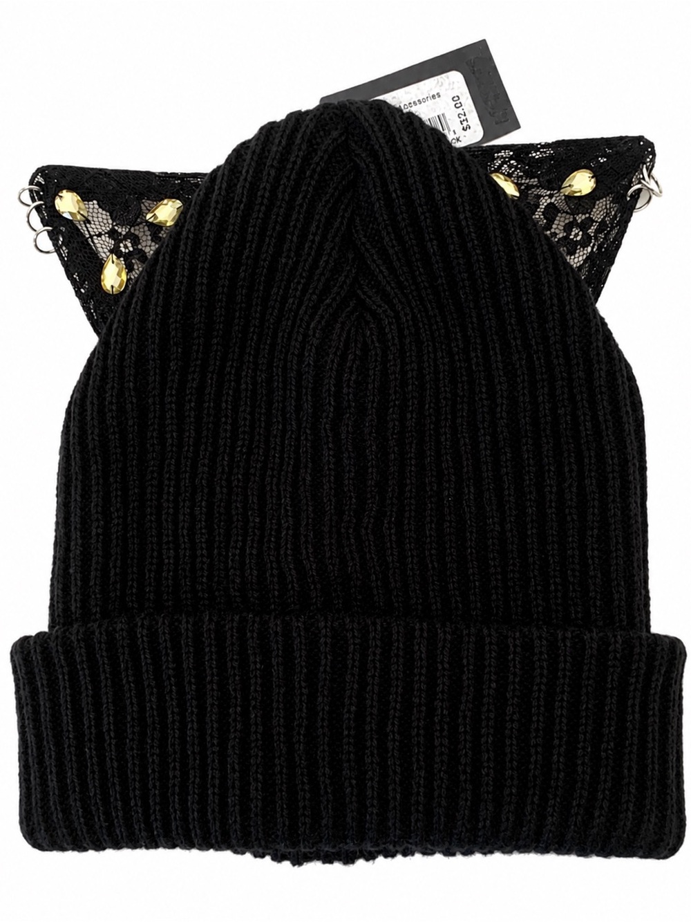 NWT Black Ribbed Cat Ear Beanie Hat with Lace & Gem Accents